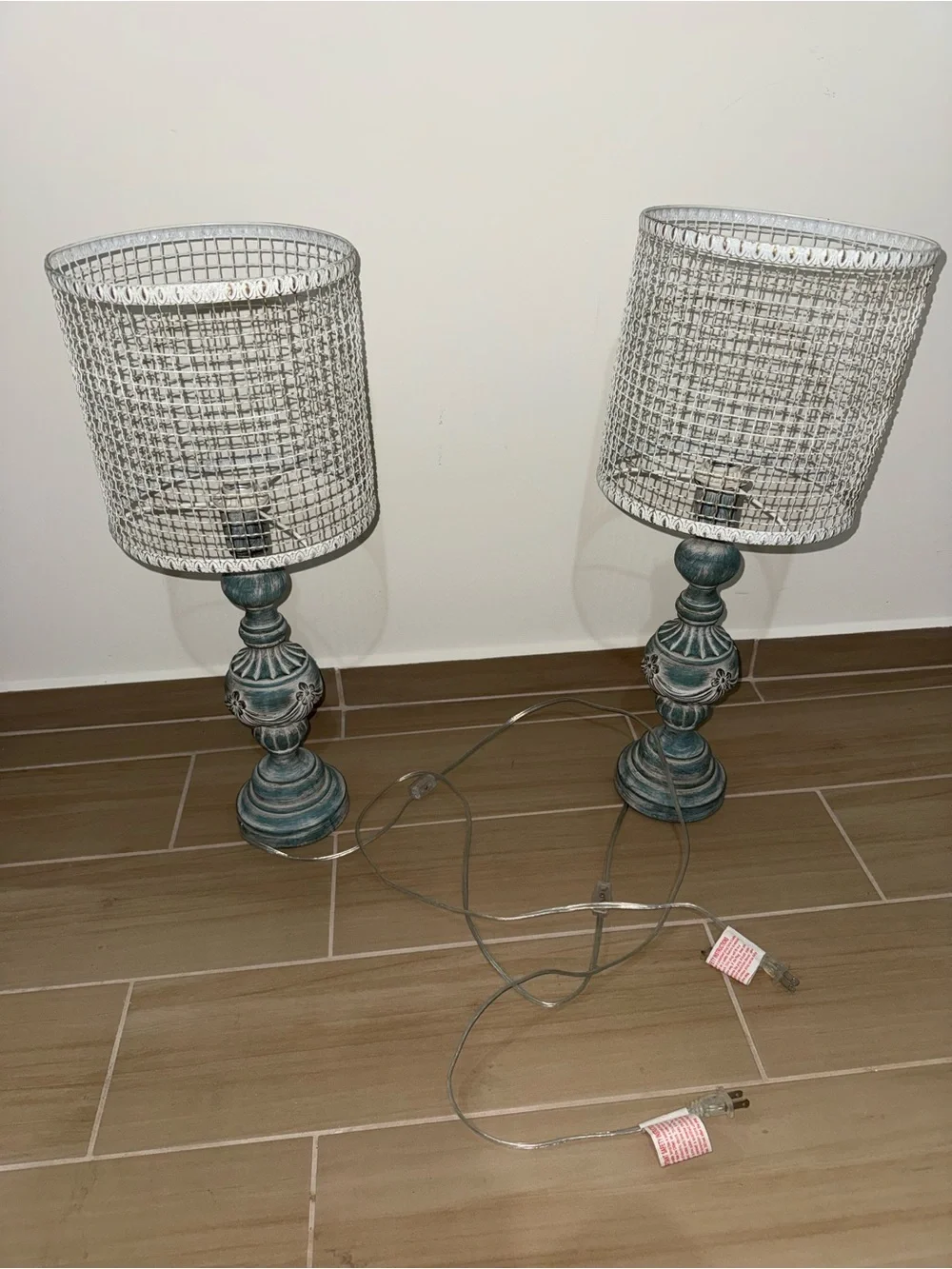 Farmhouse Teal Decorative Table Lamp with White Wire Shade $60 each